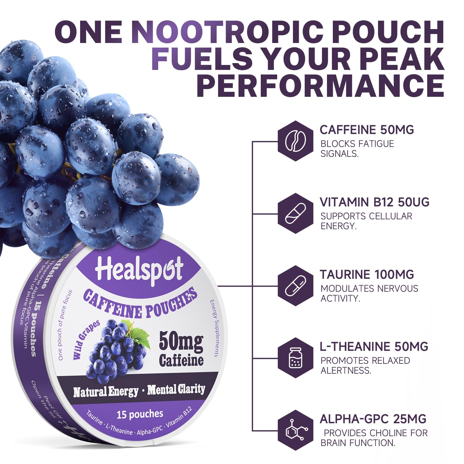 Healspot Nootropic Caffeine Pouches, Energy Pouches with 50mg Caffeine | Taurine | Vitamin B12 | Alpha-GPC | L-Theanine, Focus and Energy Supplements Variety Packs 5 Flavors - Maple Wellness Supplements