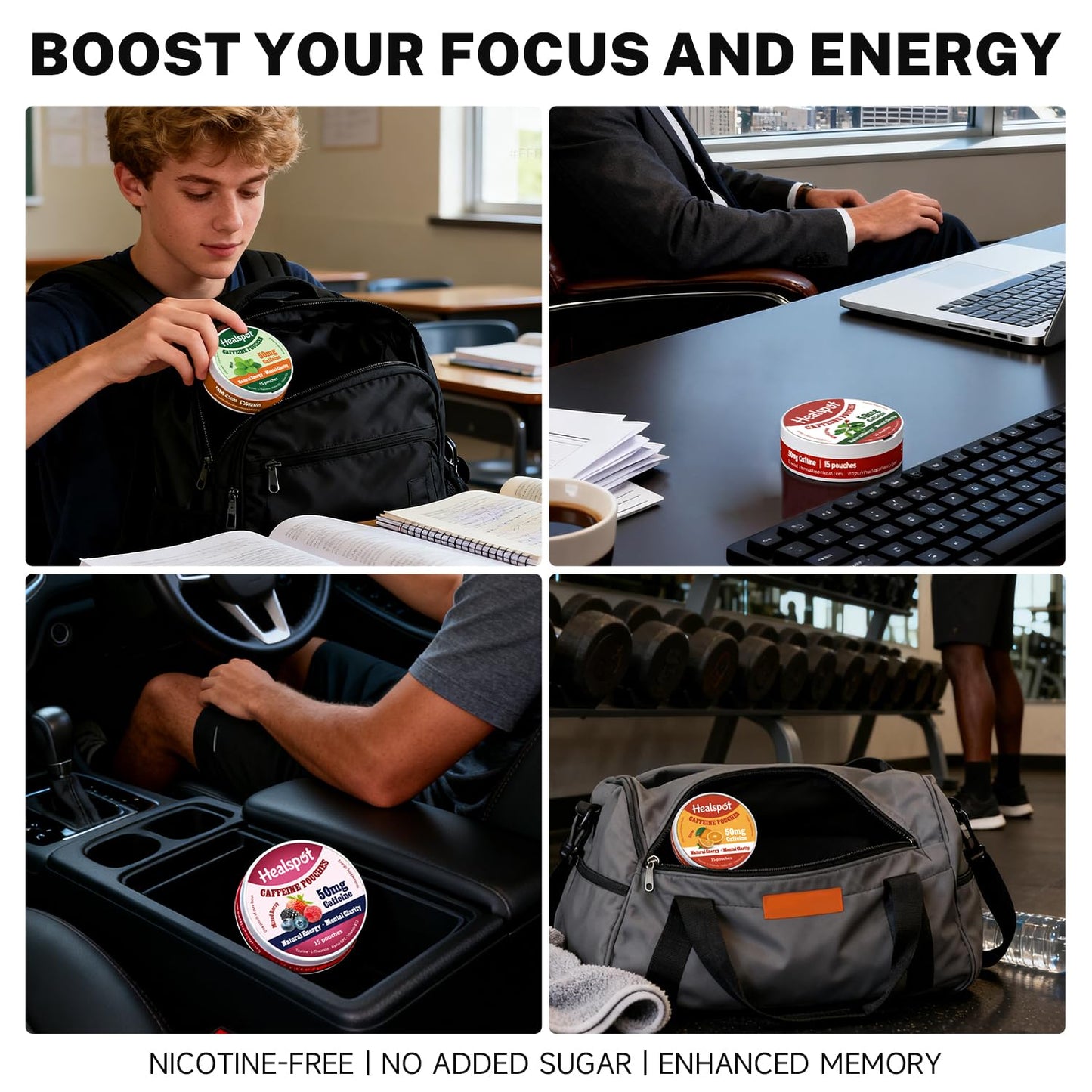 Healspot Nootropic Caffeine Pouches, Energy Pouches with 50mg Caffeine | Taurine | Vitamin B12 | Alpha-GPC | L-Theanine, Focus and Energy Supplements Variety Packs 5 Flavors - Maple Wellness Supplements