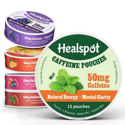 Healspot Nootropic Caffeine Pouches, Energy Pouches with 50mg Caffeine | Taurine | Vitamin B12 | Alpha-GPC | L-Theanine, Focus and Energy Supplements Variety Packs 5 Flavors - Maple Wellness Supplements