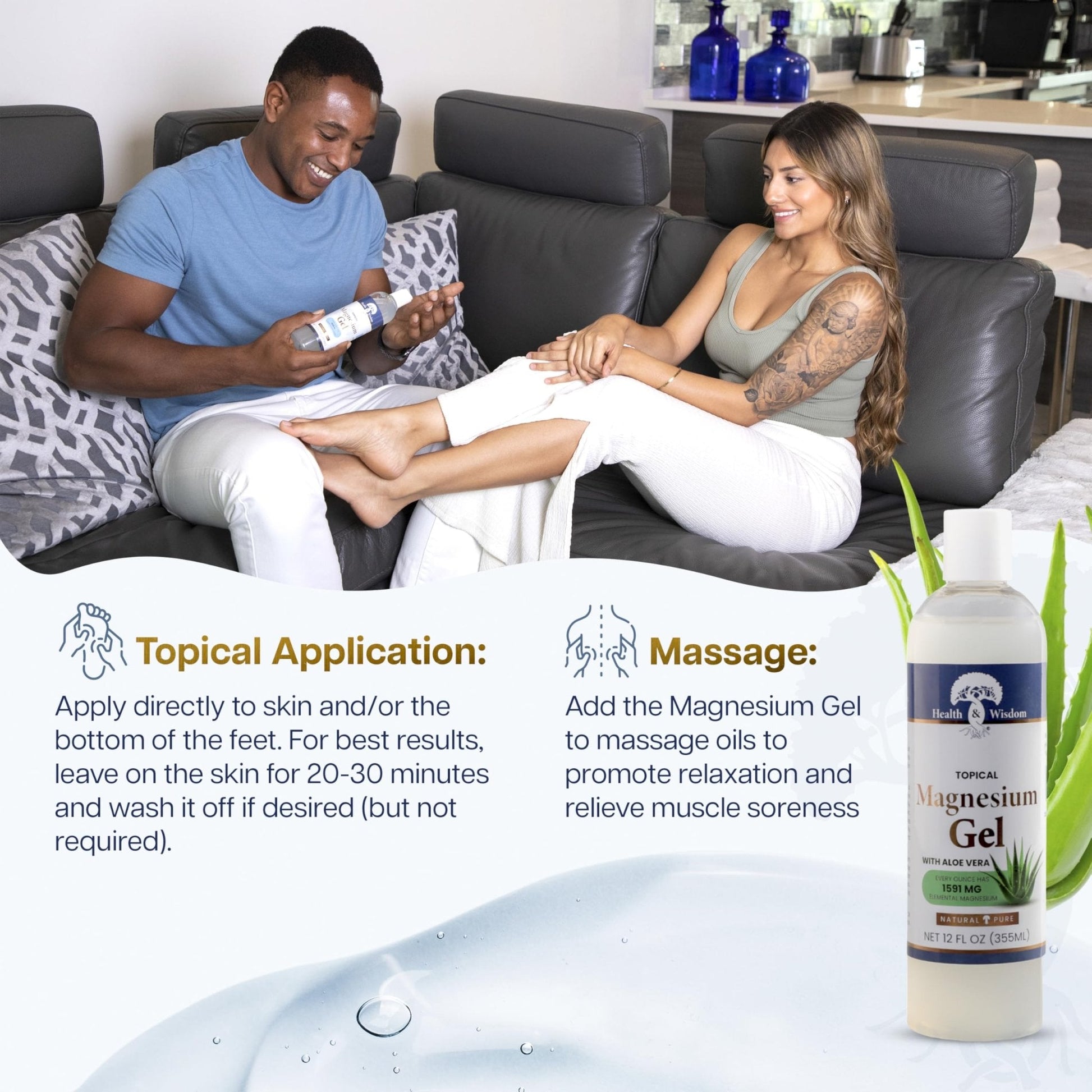 Health and Wisdom Pure Magnesium Gel with Seaweed Extract and Aloe Vera - Topical Muscle & Joint Relief- Natural and Pure Skin & Scalp Moisturizing - Enhanced Absorption - 12 Fl oz - Maple Wellness Supplements