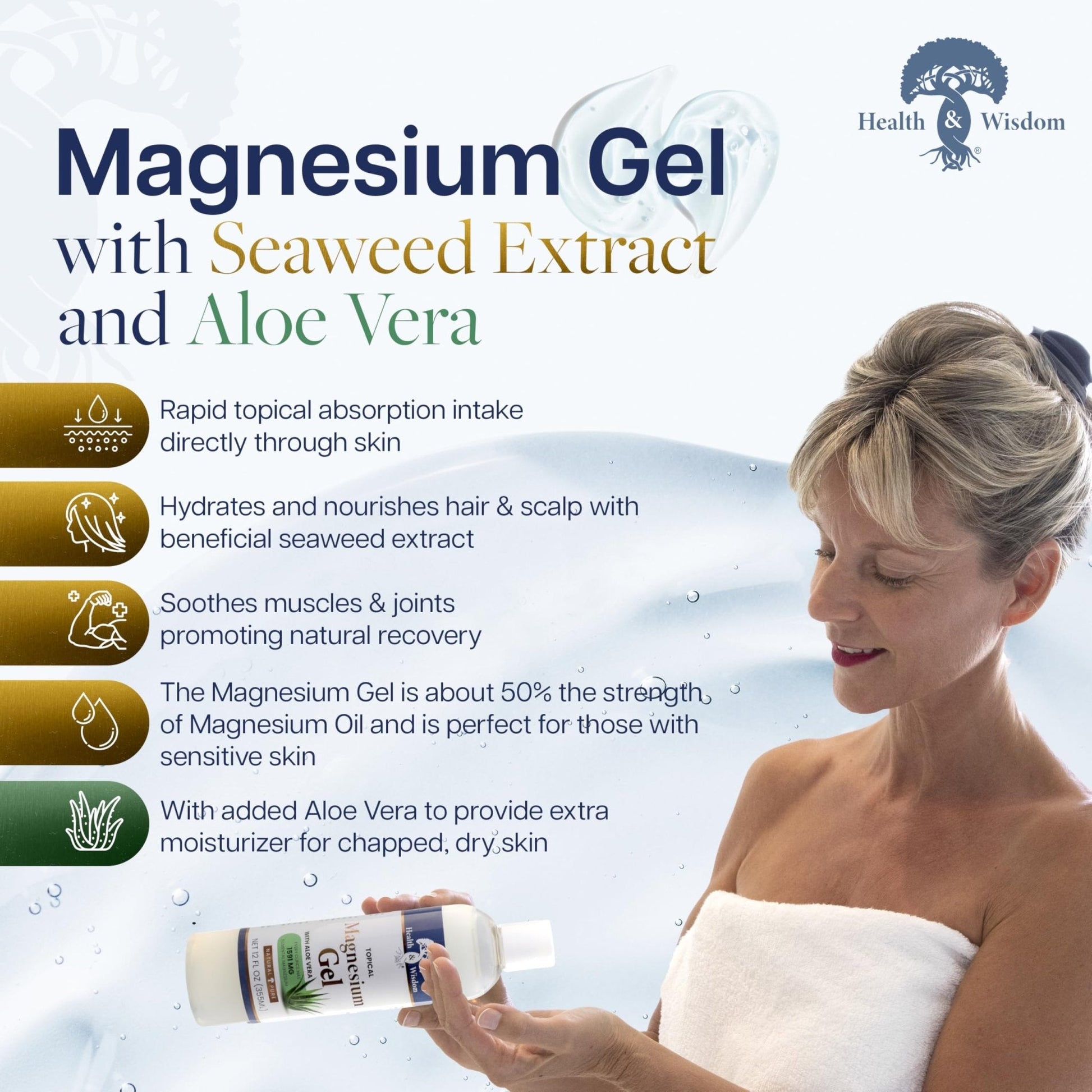 Health and Wisdom Pure Magnesium Gel with Seaweed Extract and Aloe Vera - Topical Muscle & Joint Relief- Natural and Pure Skin & Scalp Moisturizing - Enhanced Absorption - 12 Fl oz - Maple Wellness Supplements