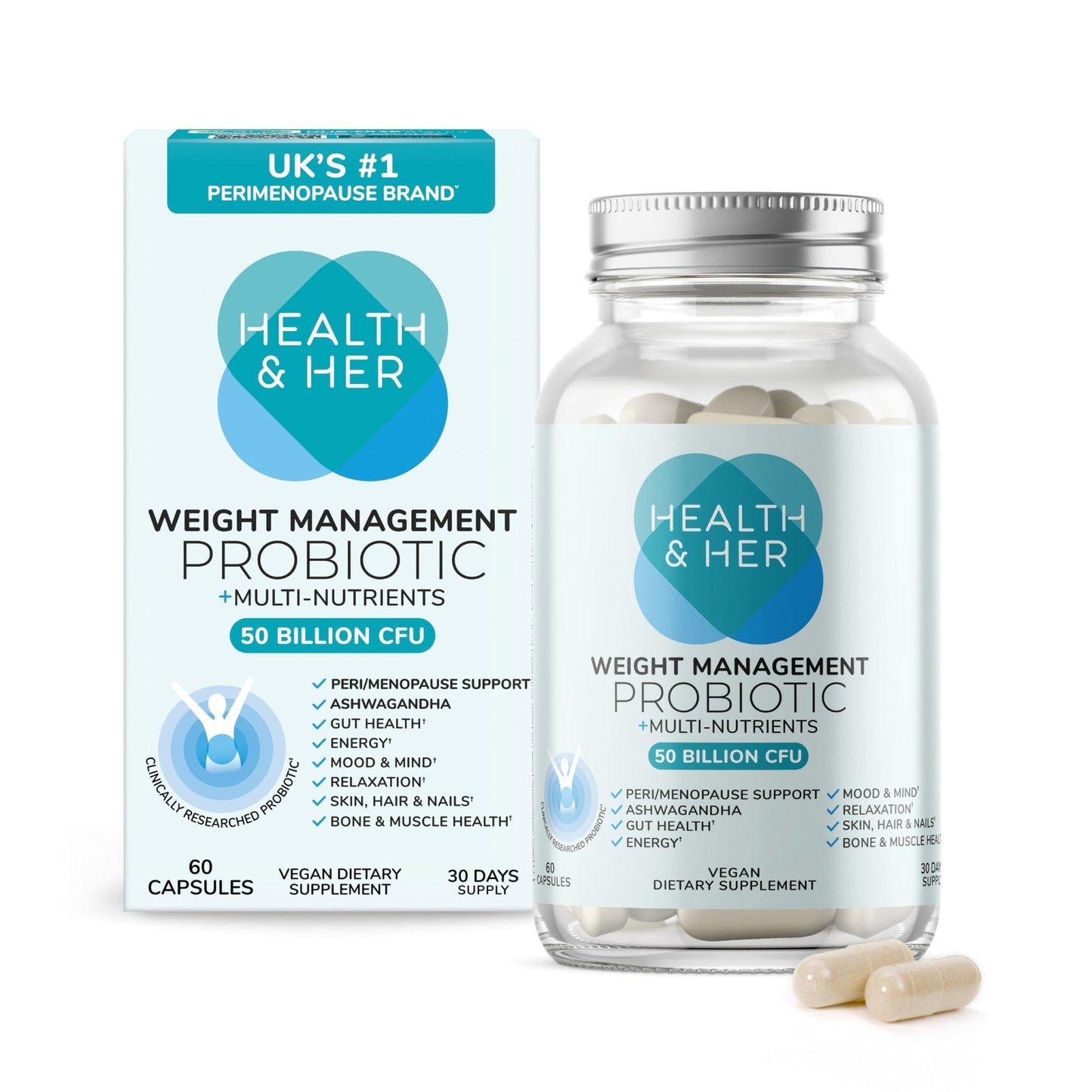 Health & Her Weight Management Probiotics for Women - Perimenopause & Menopause Supplement - Clinically Studied 50bn CFU Probiotics to Support Gut Health, Energy, Mood & Mind, Vegan (60 ct - 1 Month) - Maple Wellness Supplements