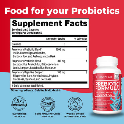 Health Plus Prebiotic Formula - Probiotics + Prebiotics + Digestive Enzymes - Gluten Free, Dairy Free, Natural Herbal Ingredients - Maple Wellness Supplements