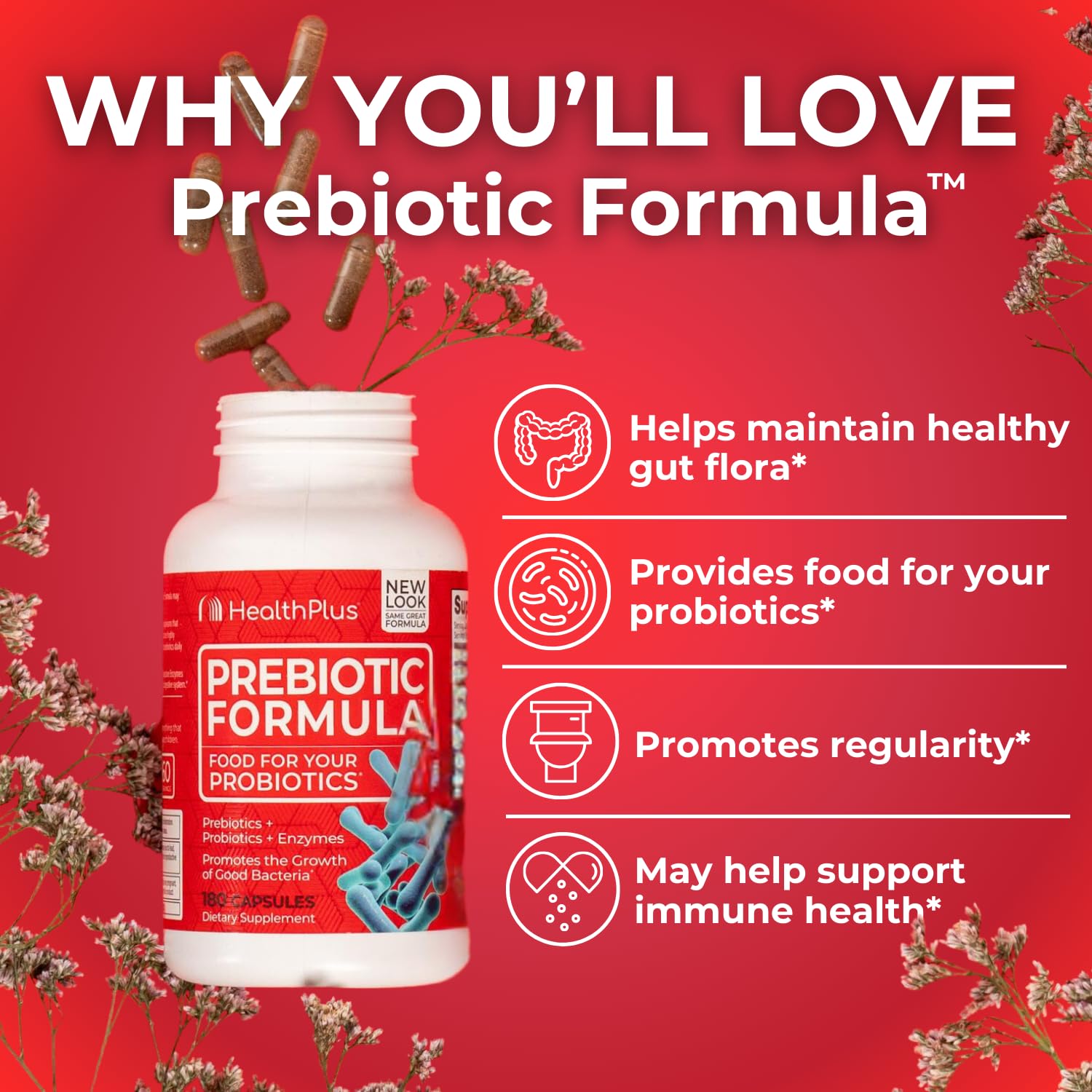 Health Plus Prebiotic Formula - Probiotics + Prebiotics + Digestive Enzymes - Gluten Free, Dairy Free, Natural Herbal Ingredients - Maple Wellness Supplements