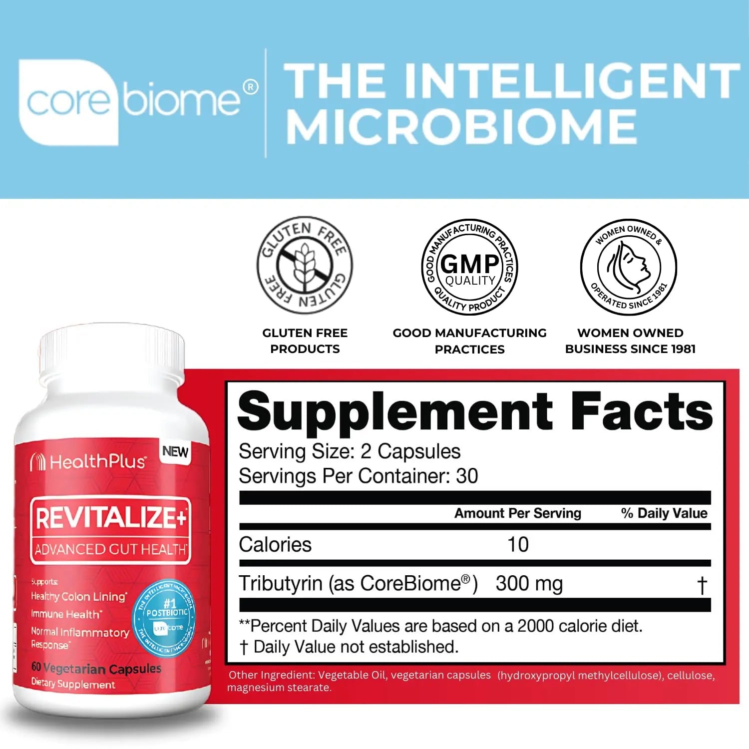Health Plus Revitalize+ CoreBiome Butyrate Postbiotic for Complete Digestive Health, Leaky Gut & Colon | Gut Health Supplement for Men & Women | 60 Capsules, 30 Servings - Maple Wellness Supplements