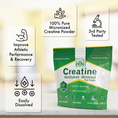 Health Thru Nutrition Creatine Monohydrate Micronized Powder – 500g Pure Unflavored – 5g Per Scoop – Workout Support, Muscle Fuel and Recovery Bulk Supplement | Non-GMO, Vegan - Maple Wellness Supplements