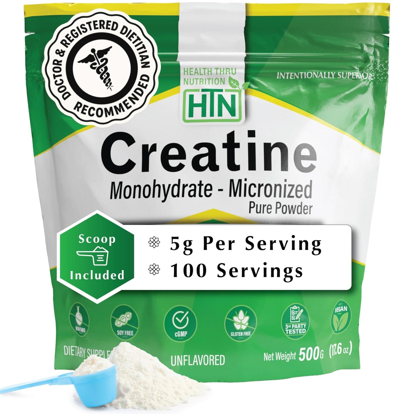 Health Thru Nutrition Creatine Monohydrate Micronized Powder – 500g Pure Unflavored – 5g Per Scoop – Workout Support, Muscle Fuel and Recovery Bulk Supplement | Non-GMO, Vegan - Maple Wellness Supplements