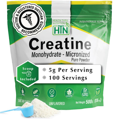 Health Thru Nutrition Creatine Monohydrate Micronized Powder – 500g Pure Unflavored – 5g Per Scoop – Workout Support, Muscle Fuel and Recovery Bulk Supplement | Non-GMO, Vegan - Maple Wellness Supplements