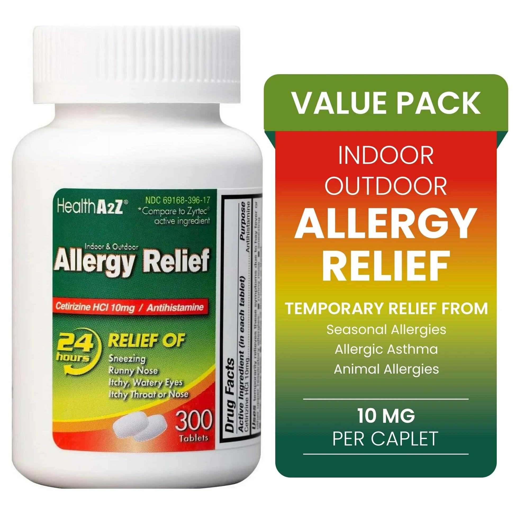 HealthA2Z® Allergy Relief, Cetirizine 10mg, Dye Free, All Day Allergy Relief, Indoor & Outdoor, Relief from Itchy Throat, Sneezing, Runny Noses, 300 Count (Pack of 1), - Maple Wellness Supplements