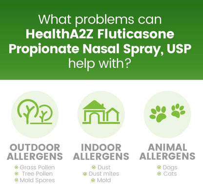 HealthA2Z® Allergy Relief, Fluticasone Propionate 50mcg, Nasal Spray, 24-Hour Allergy Relief, Dye Free, 240 Sprays (2 Pack, 120 Sprays Each) - Maple Wellness Supplements