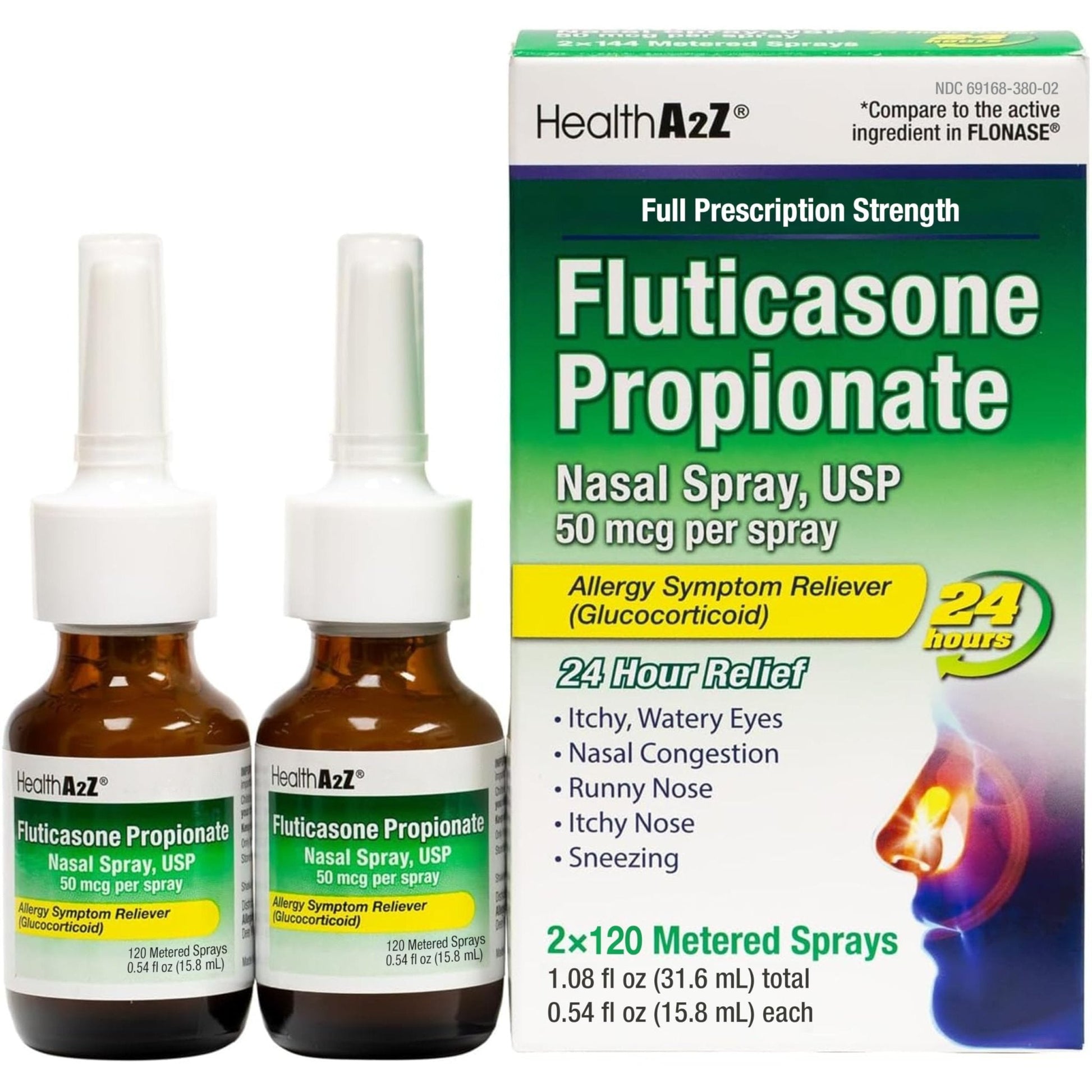 HealthA2Z® Allergy Relief, Fluticasone Propionate 50mcg, Nasal Spray, 24-Hour Allergy Relief, Dye Free, 240 Sprays (2 Pack, 120 Sprays Each) - Maple Wellness Supplements
