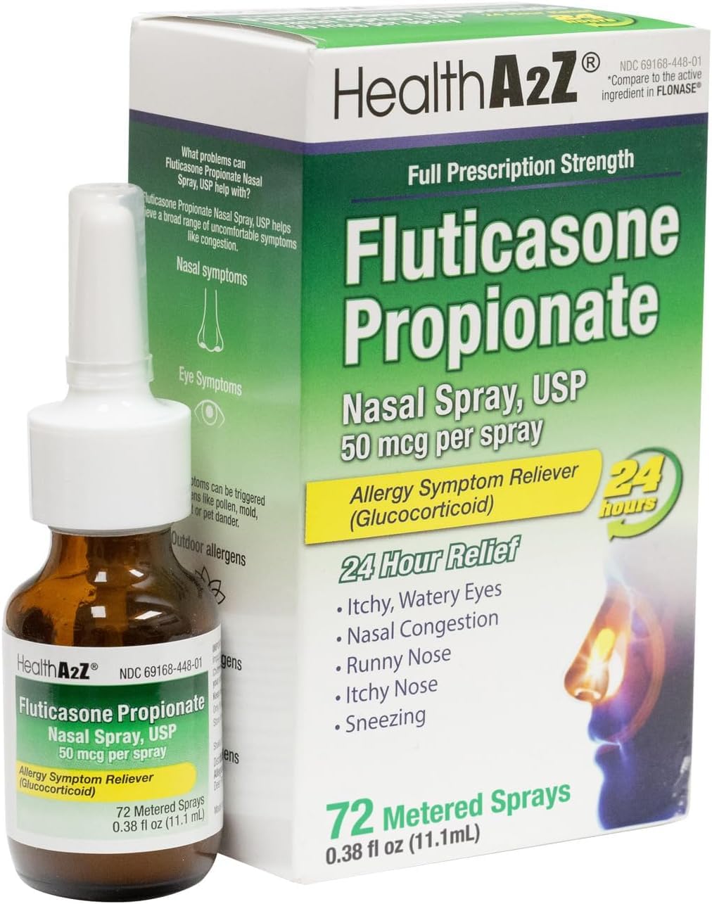 HealthA2Z® Allergy Relief, Fluticasone Propionate 50mcg, Nasal Spray, 24-Hour Allergy Relief, Nasal Decongestant, Dye Free, 72 Sprays (0.38 fl oz) - Maple Wellness Supplements