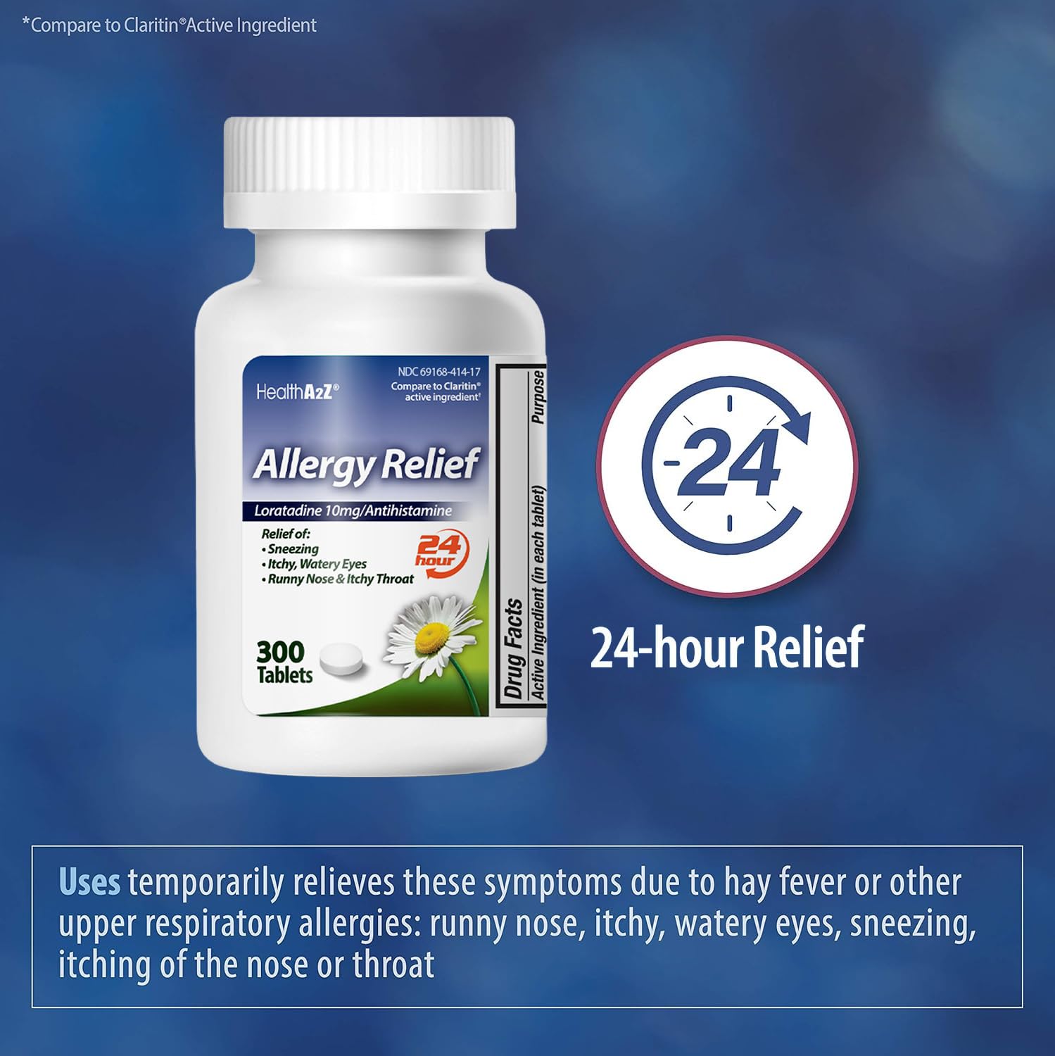 HealthA2Z® Allergy Relief, Loratadine 10mg, 24-Hour Antihistamine, Dye Free, Indoor & Outdoor Allergy Relief, 300 Tablets - Maple Wellness Supplements
