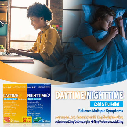 HealthA2Z® Daytime and Nighttime | Cold & Flu Medicine | Powerful Multi-Symptom Relief (24 Daytime & 12 Nighttime Softgels) (Combo (36 Count Pack of 1)) - Maple Wellness Supplements