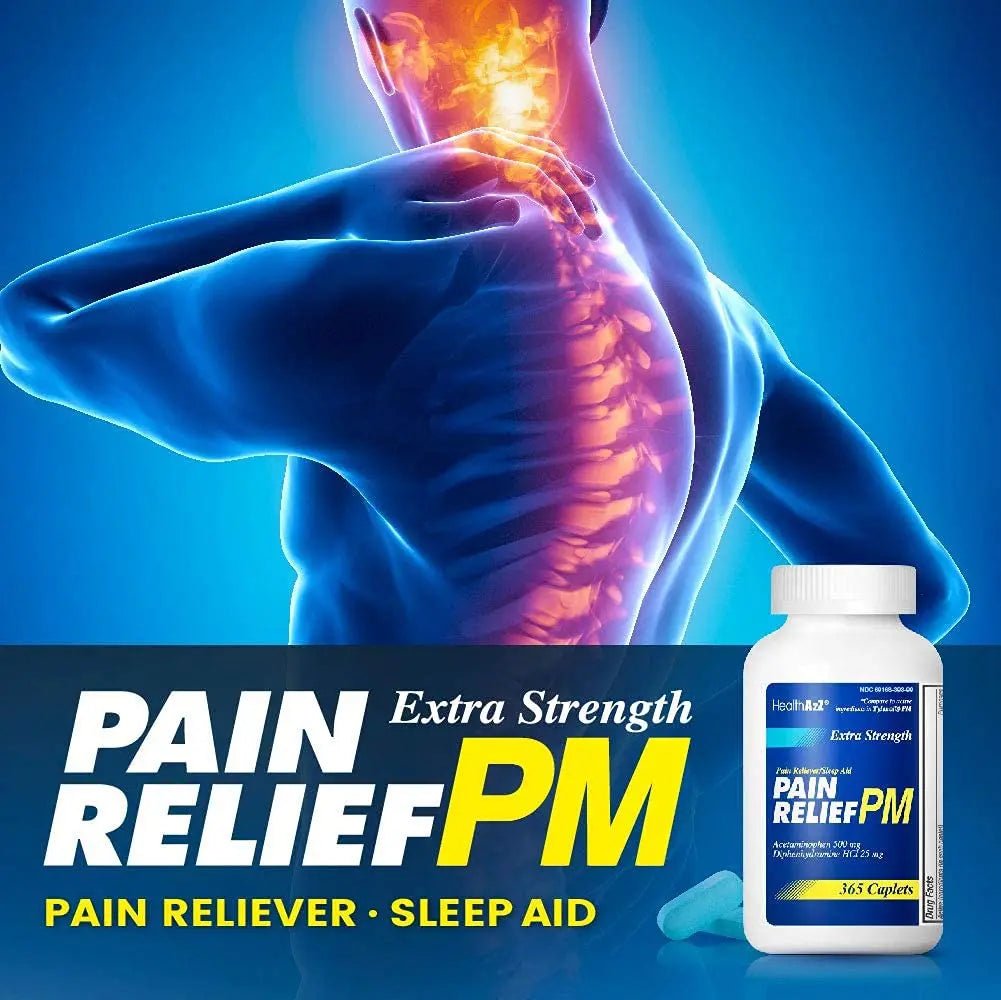 HealthA2Z® Extra Strength Pain Relief PM| Acetaminophen 500mg | Diphenhydramine 25mg | Pain Reliever & Nighttime Sleep Aid | (365 Count (Pack of 1)) - Maple Wellness Supplements