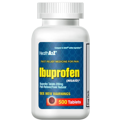 HealthA2Z® Ibuprofen 200mg, NSAID, Pain Reliever, Fever Reducer, Headache, Body Aches, Back Pain, Arthritis, Menstrual Cramps, 500 Caplets - Maple Wellness Supplements