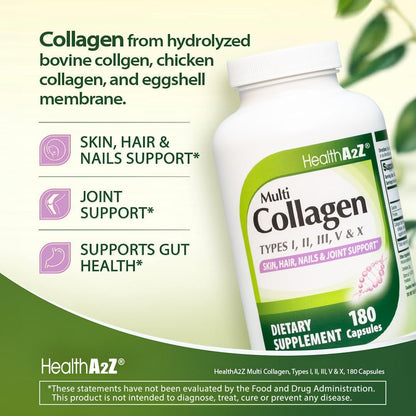 HealthA2Z Multi Collagen pills 1735mg -180 collagen capsules (60 servings) - Types I, II, III, V & X for Healthy Skin, Hair, Nails & Joint Support - Maple Wellness Supplements