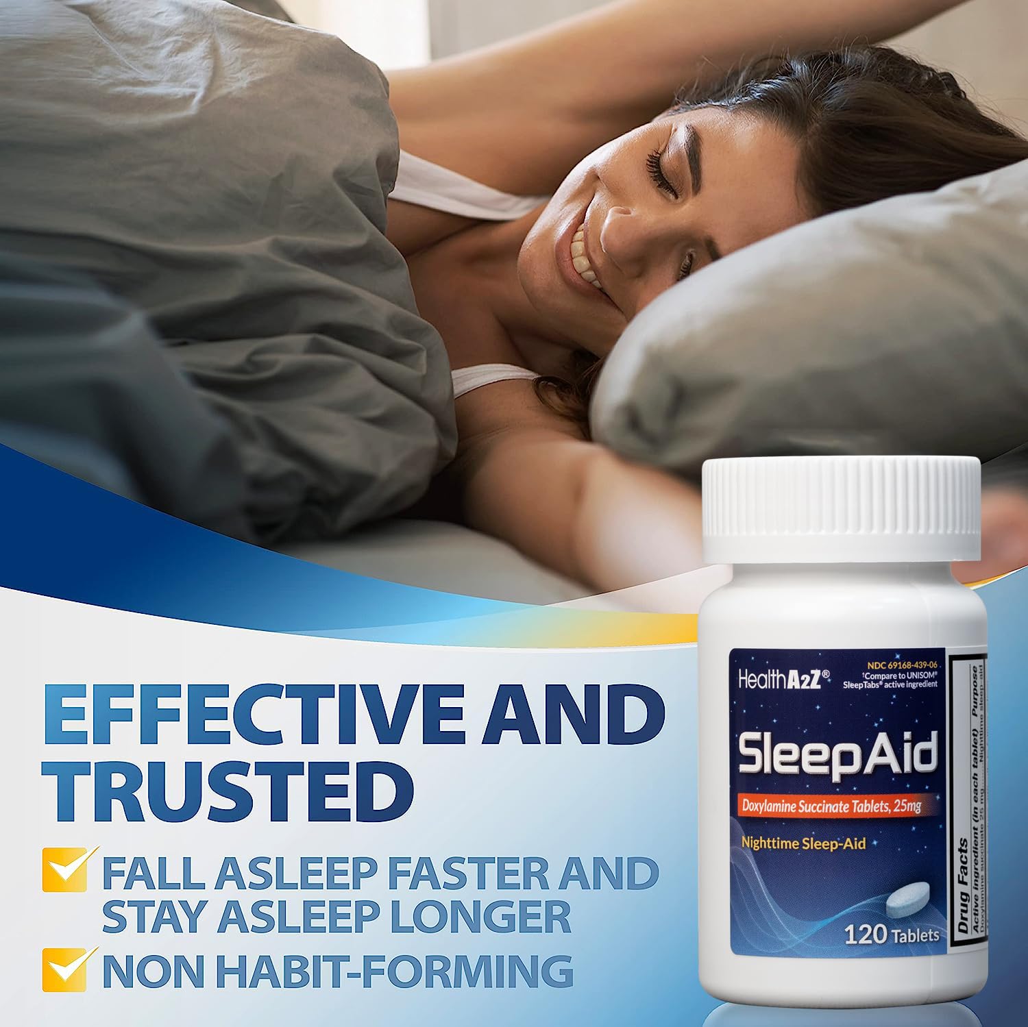 HealthA2Z® Nighttime Sleep-Aid, Doxylamine Succinate Tablets 25mg, 120 Counts (Pack of 1), Safe & Effective - Maple Wellness Supplements