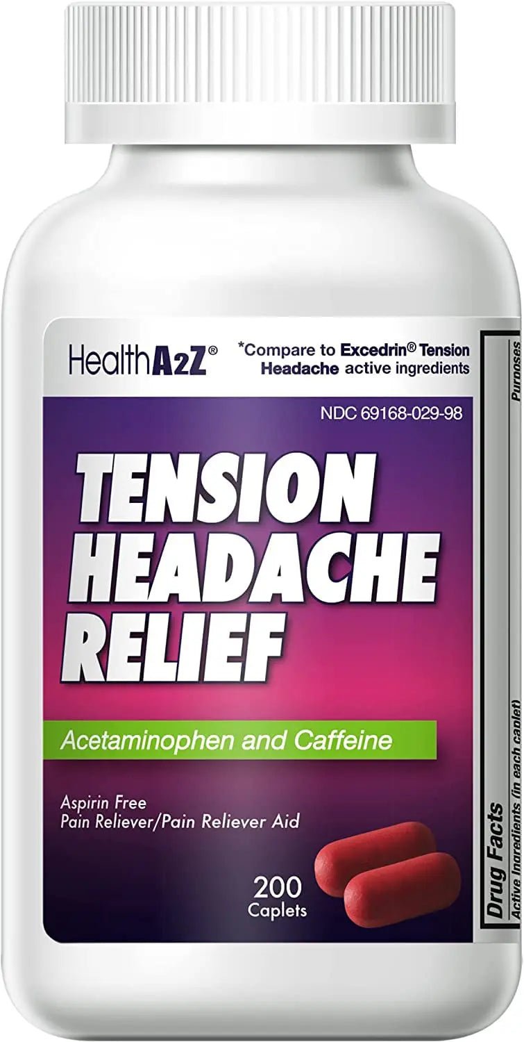 HealthA2Z® Tension Headache Relief | Acetaminophen 500mg | Caffeine 65mg | Pain Reliever Aid | Aspirin Free (200 caplets (Pack of 1)) - Maple Wellness Supplements