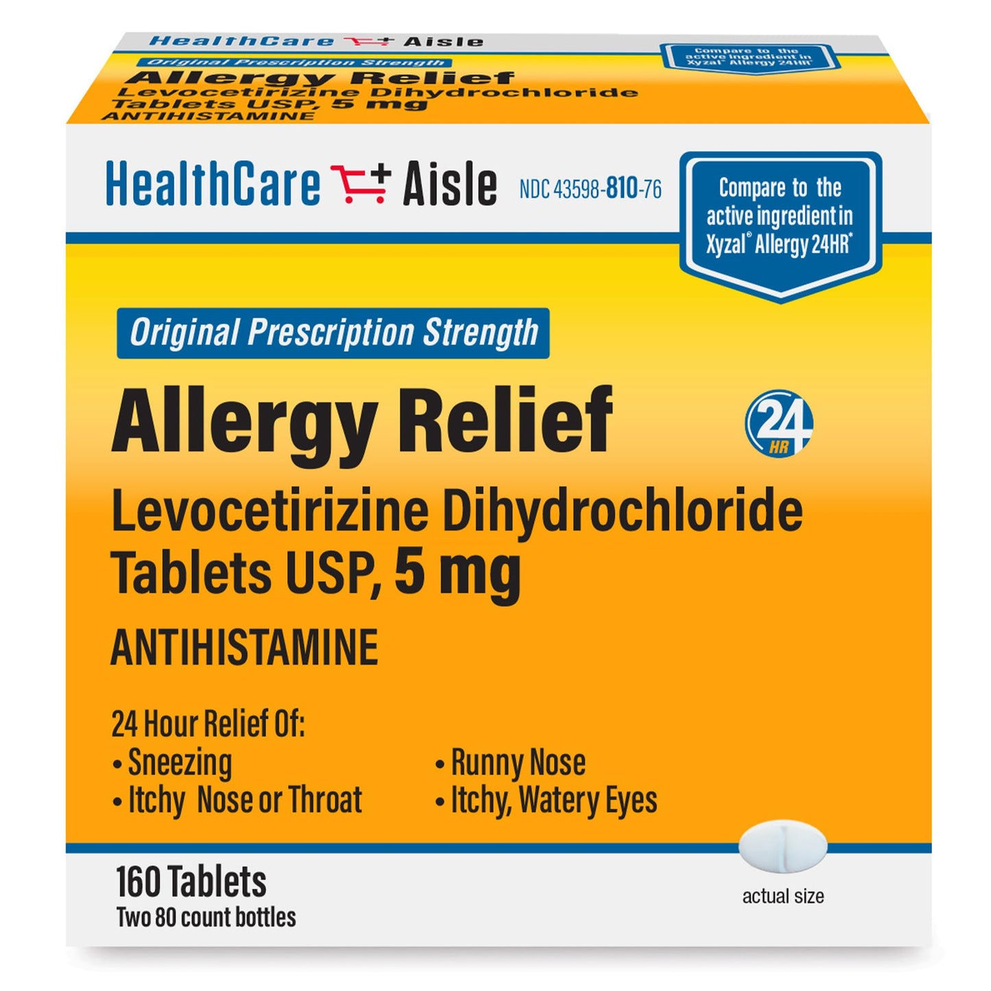 HealthCareAisle Allergy Relief - Levocetirizine Dihydrochloride Tablets USP, 5 mg, 160 Tablets, Original Prescription Strength Allergy Medication, 24-Hour Relief, 80 Count (Pack of 2) - Maple Wellness Supplements
