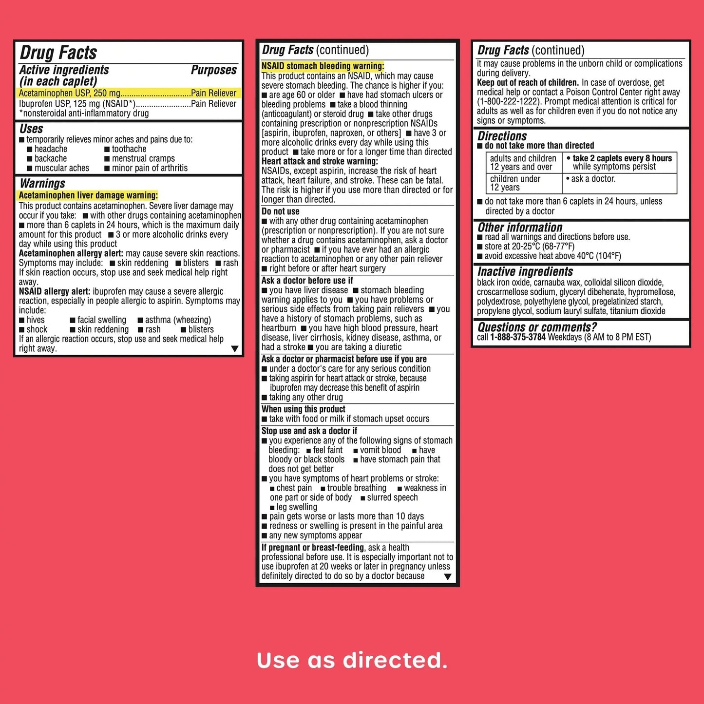 HealthCareAisle Dual Action Acetaminophen and Ibuprofen (NSAID) Tablets, 250 mg /125 mg Pain Reliever - 250ct Caplets - Maple Wellness Supplements
