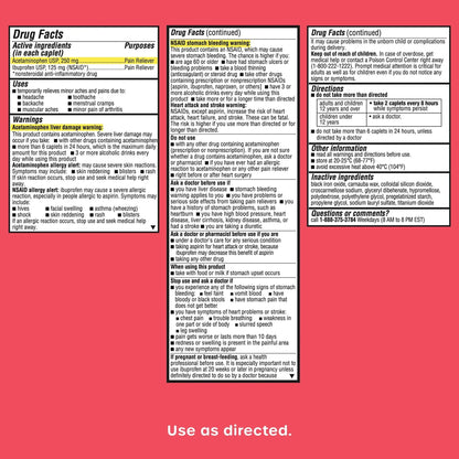 HealthCareAisle Dual Action Acetaminophen and Ibuprofen (NSAID) Tablets, 250 mg /125 mg Pain Reliever - 250ct Caplets - Maple Wellness Supplements