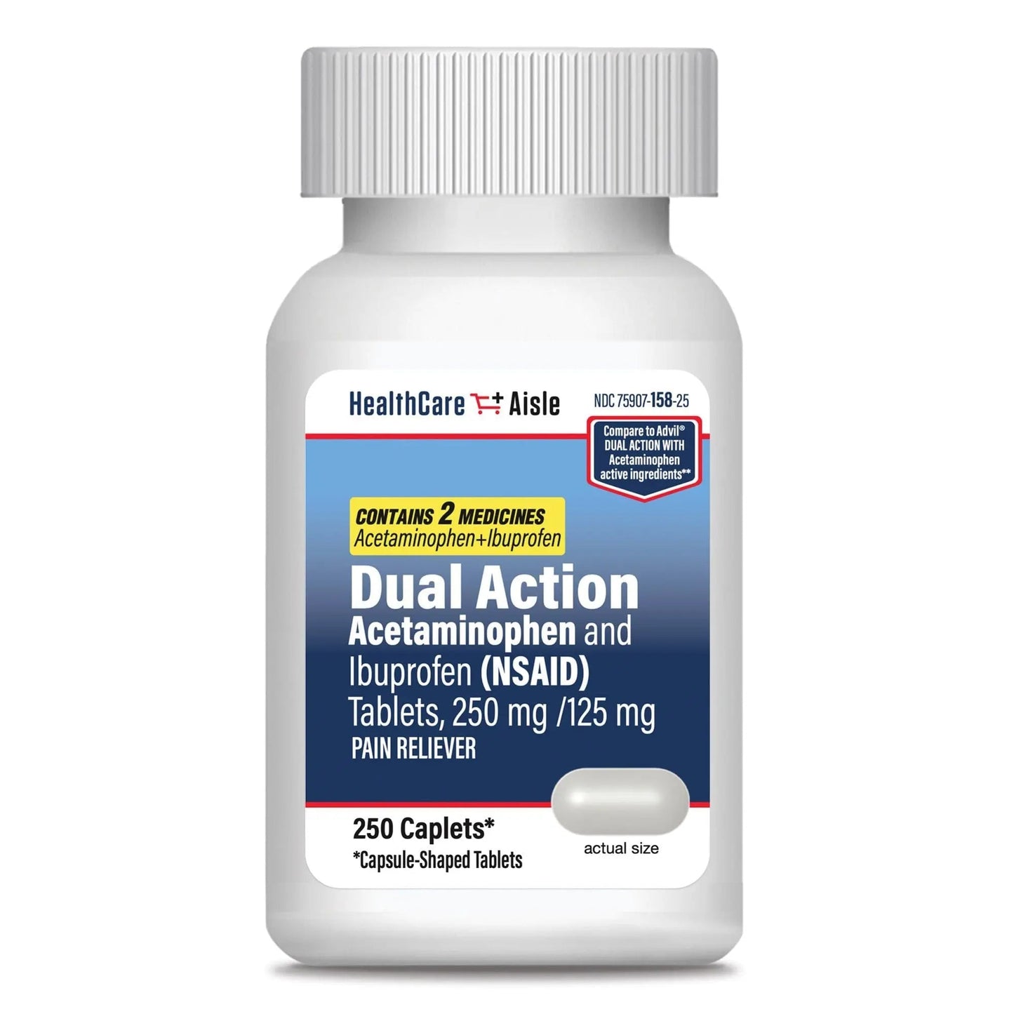 HealthCareAisle Dual Action Acetaminophen and Ibuprofen (NSAID) Tablets, 250 mg /125 mg Pain Reliever - 250ct Caplets - Maple Wellness Supplements