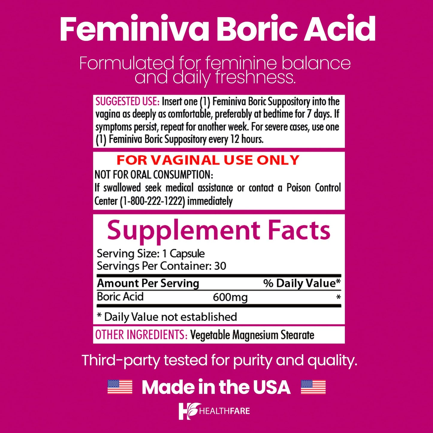 Healthfare Feminiva Boric Acid Suppositories | 2-Pack | 30 Vaginal Suppositories Each | 600mg | 100% Pure | Made in The USA - Maple Wellness Supplements