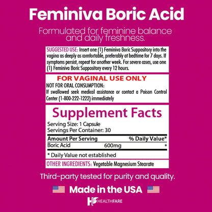 Healthfare Feminiva Boric Acid Suppositories | 2-Pack | 30 Vaginal Suppositories Each | 600mg | 100% Pure | Made in The USA - Maple Wellness Supplements