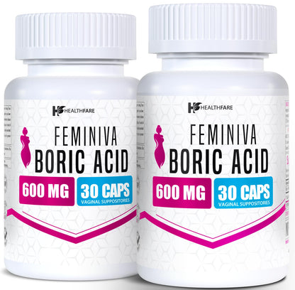 Healthfare Feminiva Boric Acid Suppositories | 2-Pack | 30 Vaginal Suppositories Each | 600mg | 100% Pure | Made in The USA - Maple Wellness Supplements