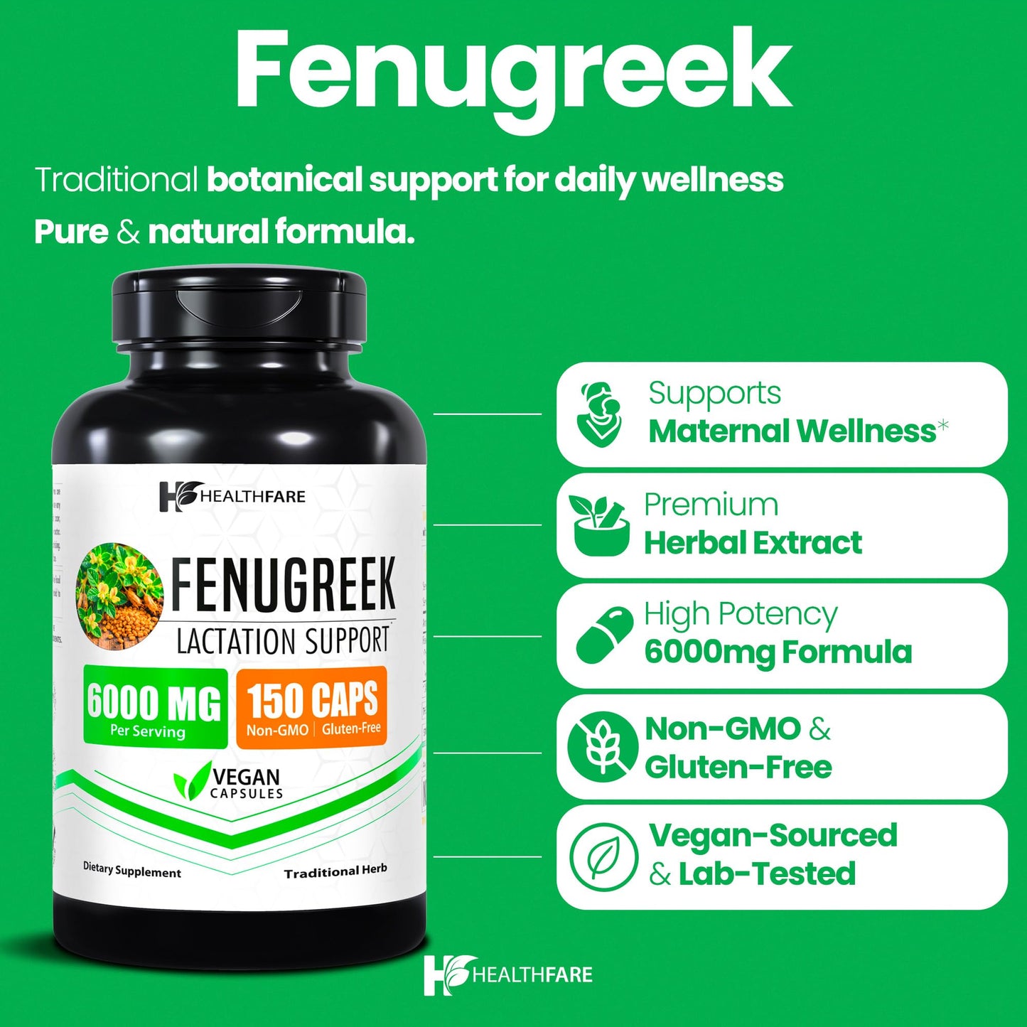 Healthfare Fenugreek Seed Extract 6000mg | 150 Vegan Capsules | Concentrated Herbal Supplement | Non-GMO, Gluten-Free | Made in USA - Maple Wellness Supplements