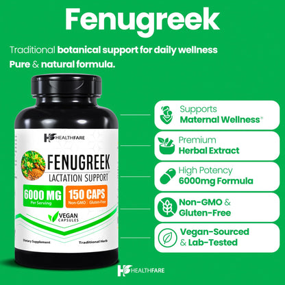 Healthfare Fenugreek Seed Extract 6000mg | 150 Vegan Capsules | Concentrated Herbal Supplement | Non-GMO, Gluten-Free | Made in USA - Maple Wellness Supplements