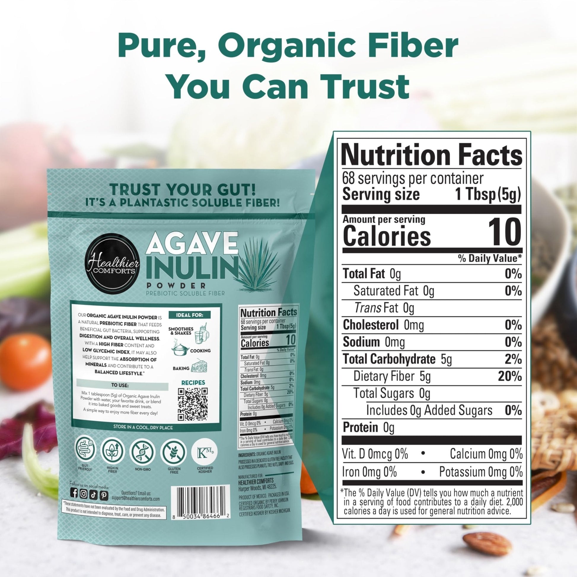 Healthier Comforts Organic Inulin Powder (12 oz) from Blue Agave | Soluble Prebiotic Fiber, Gentle on Digestion, Non-GMO | Perfect for Coffee, Baking & Cooking - Maple Wellness Supplements