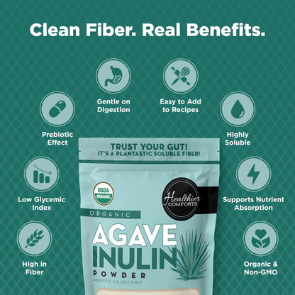 Healthier Comforts Organic Inulin Powder (12 oz) from Blue Agave | Soluble Prebiotic Fiber, Gentle on Digestion, Non-GMO | Perfect for Coffee, Baking & Cooking - Maple Wellness Supplements