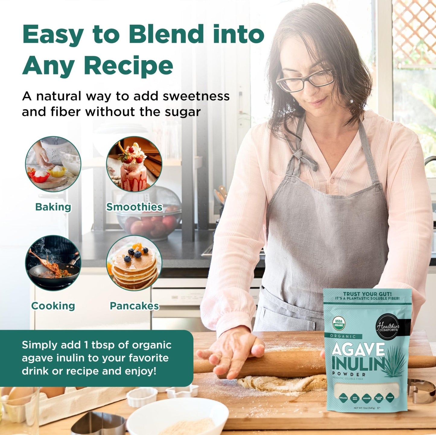 Healthier Comforts Organic Inulin Powder (12 oz) from Blue Agave | Soluble Prebiotic Fiber, Gentle on Digestion, Non-GMO | Perfect for Coffee, Baking & Cooking - Maple Wellness Supplements