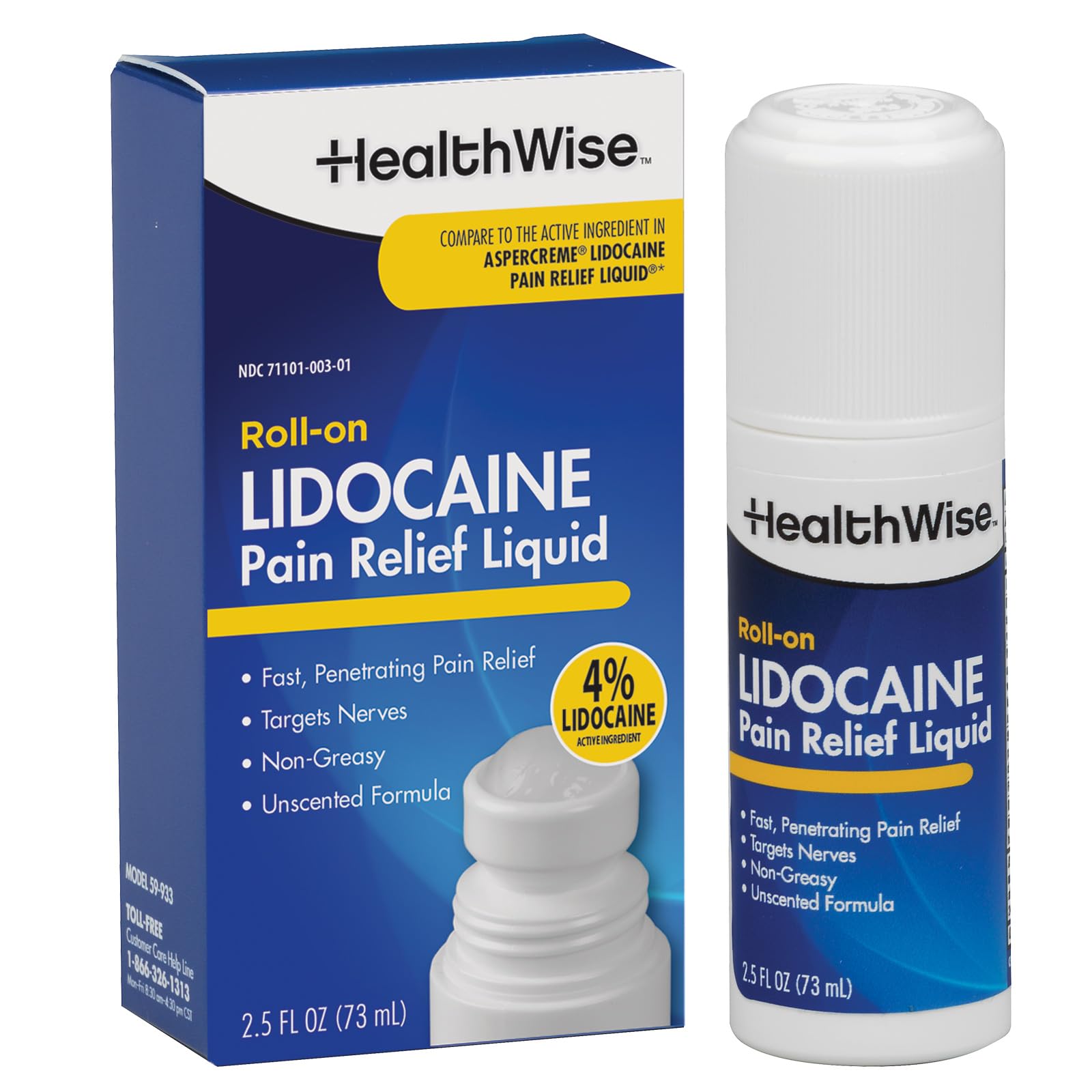 HealthWise 4% Lidocaine Roll-On | OTC Strength | Pain Relief Liquid | 2.5 oz. 73 mL | Non-Greasy, Unscented Formula | Topical Anesthetic - Maple Wellness Supplements