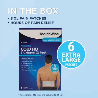 HealthWise Cold Hot Medicated Menthol XL Patch | 5% Menthol | Back and Large Areas | 5.51” x 9.84” | 6-Count | Paraben-Free | Soothes Minor Aches and Pains | Super-Size Relief - Maple Wellness Supplements
