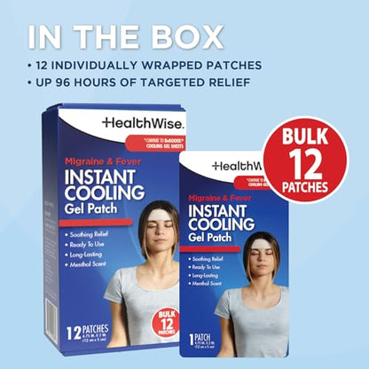 HealthWise Instant Cool Gel Patches | Migraine & Fever Relief | 12-Count | 4.75” x 2” | Soothing Menthol Vapors | Non-Medicated Formula - Maple Wellness Supplements