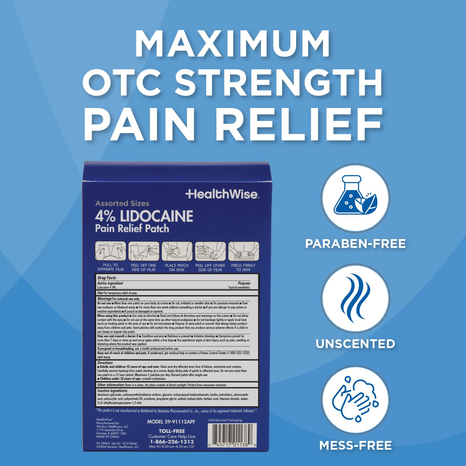 HealthWise Lidocaine Pain Patch | 4% OTC Lidocaine | 12-Count Assorted Sizes | Paraben-Free Formula | Temporarily Soothes Minor Aches and Pains | Unscented | Flexible Application - Maple Wellness Supplements