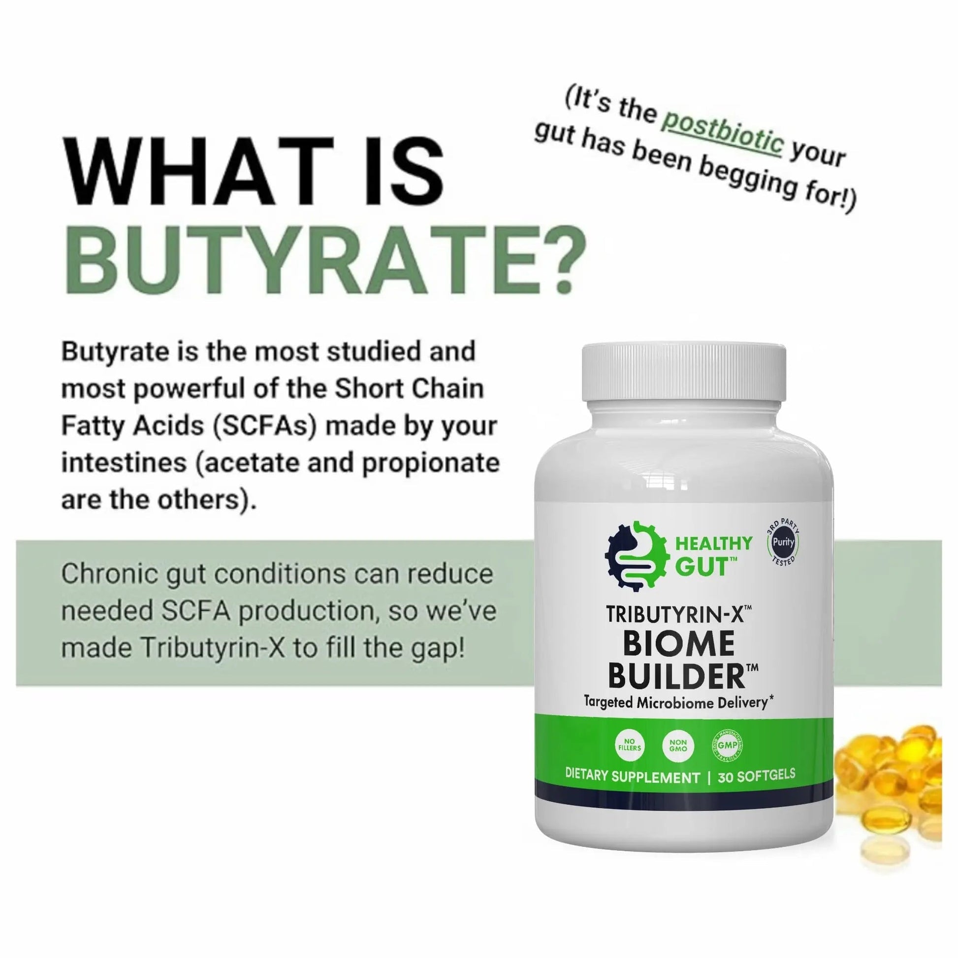 Healthy Gut Tributyrin-X | Most Bioavailable Butyrate Postbiotic for Gut Health & Leaky Gut Support | 99% Pure w/Zero Odor | 30 Softgels - Maple Wellness Supplements