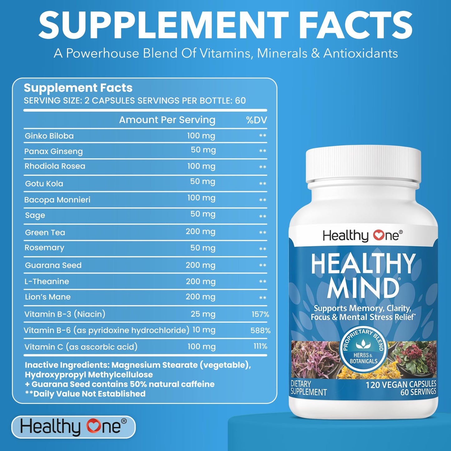 Healthy Mind - Safe for Teens - Brain Fog - Cognitive Function - Concentration - Focus - Neural Optimization - Mood - Ginkgo Biloba - Ginseng - Rhodiola - Bacopa - Gotu Kola - Green Tea - 60 Count - Maple Wellness Supplements