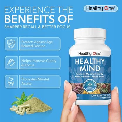Healthy Mind - Safe for Teens - Brain Fog - Cognitive Function - Concentration - Focus - Neural Optimization - Mood - Ginkgo Biloba - Ginseng - Rhodiola - Bacopa - Gotu Kola - Green Tea - 60 Count - Maple Wellness Supplements