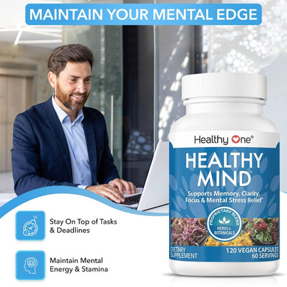 Healthy Mind - Safe for Teens - Brain Fog - Cognitive Function - Concentration - Focus - Neural Optimization - Mood - Ginkgo Biloba - Ginseng - Rhodiola - Bacopa - Gotu Kola - Green Tea - 60 Count - Maple Wellness Supplements