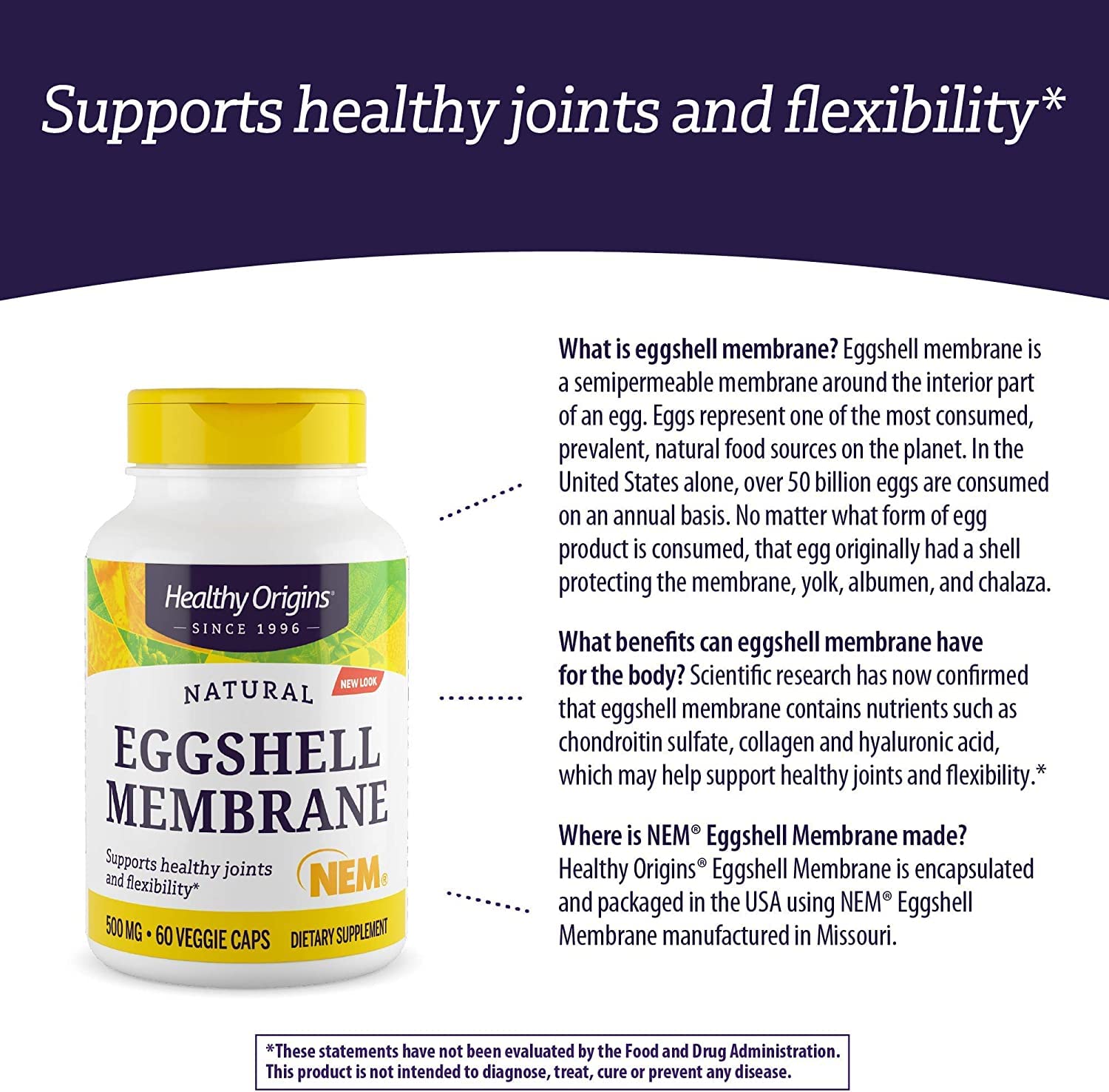 Healthy Origins Eggshell Membrane (NEM), 500 mg - Natural Collagen and Joint Support - Maple Wellness Supplements