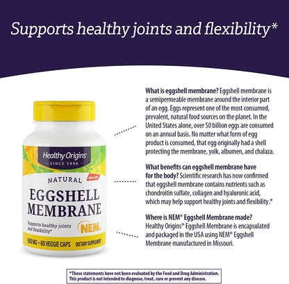 Healthy Origins Eggshell Membrane (NEM), 500 mg - Natural Collagen and Joint Support - Maple Wellness Supplements