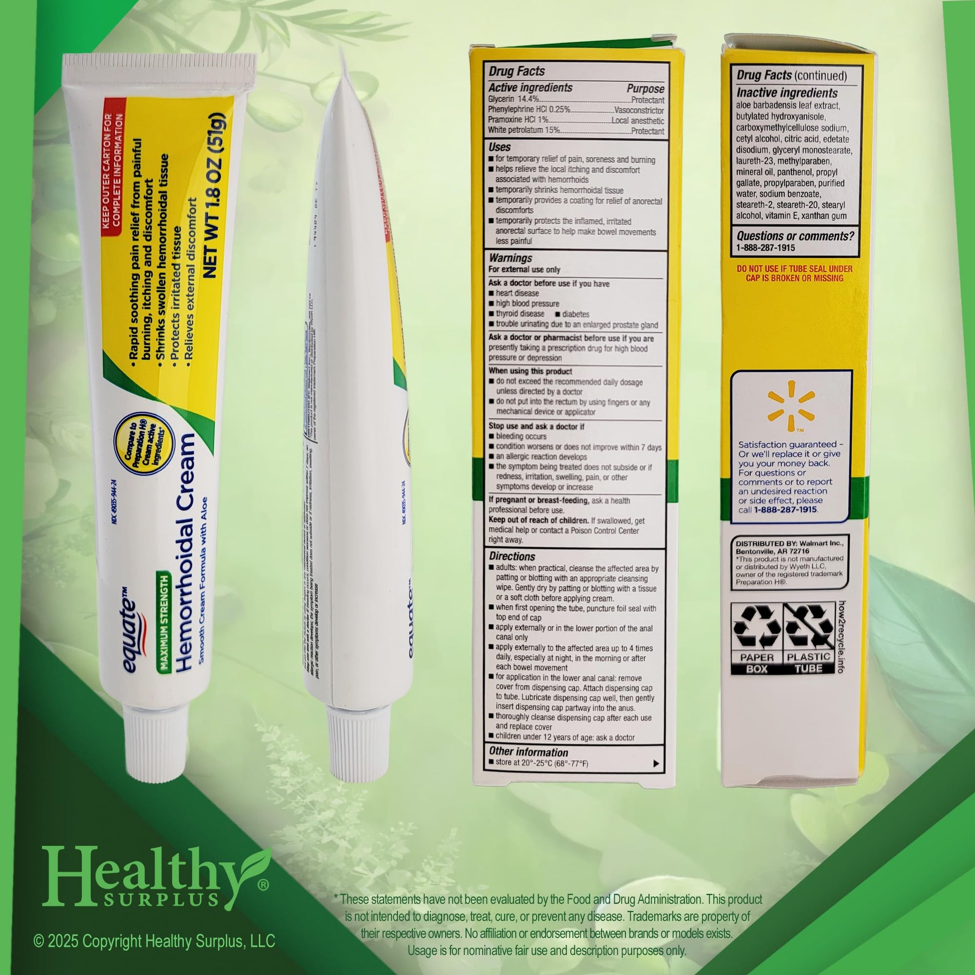 Healthy Surplus Equate Hemorrhoidal Cream/Ointment 1.8 OZ (51g) and Vital Volumes Tips Card Bundle - Maple Wellness Supplements