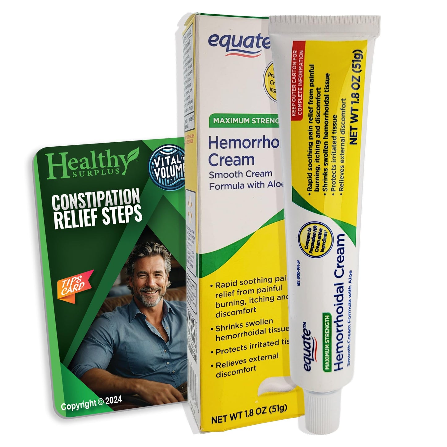 Healthy Surplus Equate Hemorrhoidal Cream/Ointment 1.8 OZ (51g) and Vital Volumes Tips Card Bundle - Maple Wellness Supplements