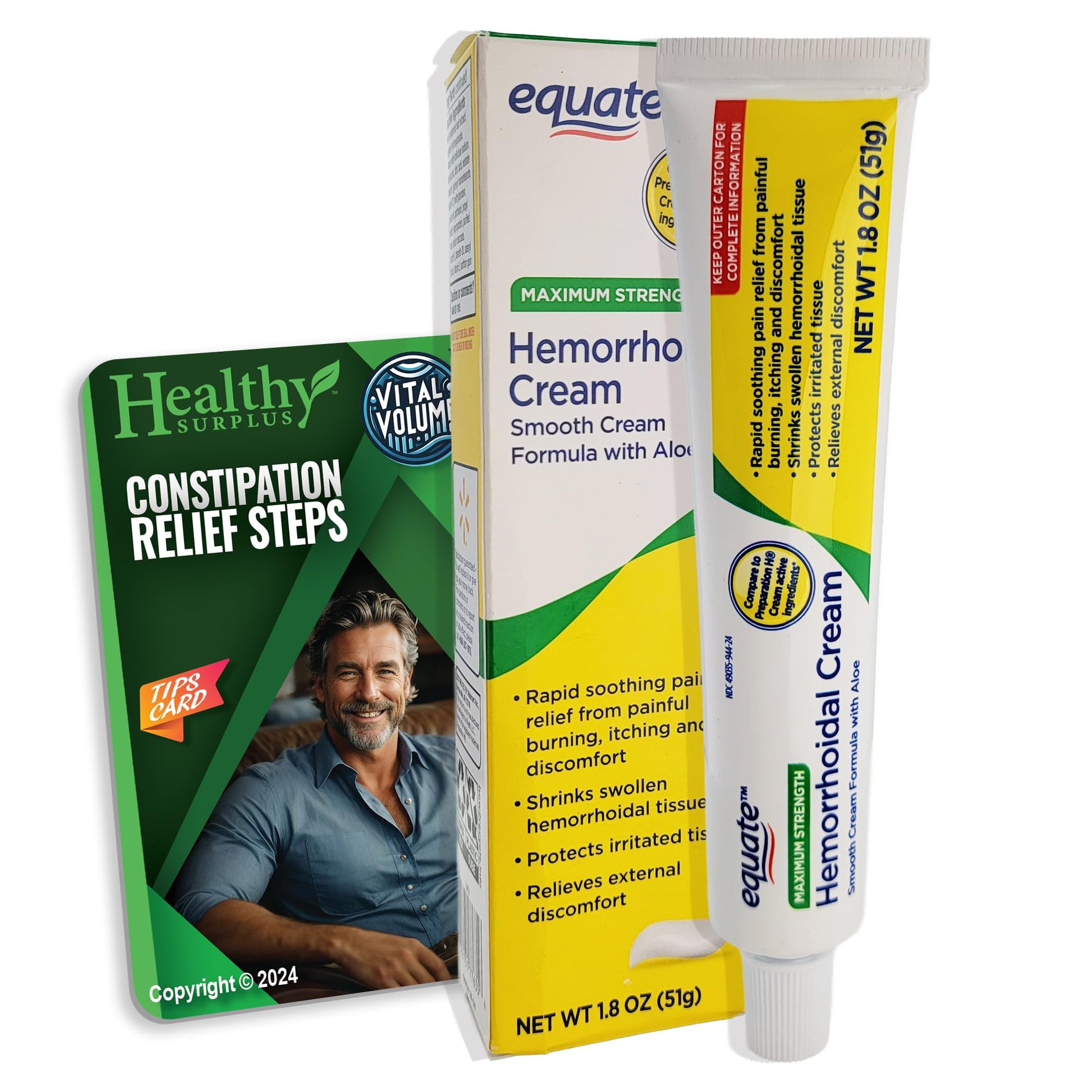 Healthy Surplus Equate Hemorrhoidal Cream/Ointment 1.8 OZ (51g) and Vital Volumes Tips Card Bundle - Maple Wellness Supplements