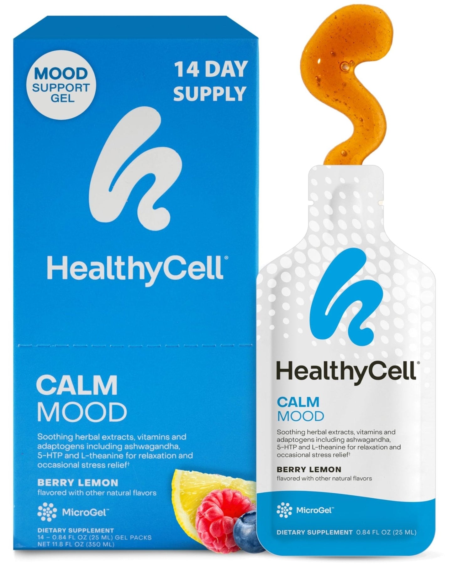 Healthycell Calm Mood Daily Liquid Supplement - Cortisol Manager & Mood Support Supplement for Stress with Ashwagandha, L-Theanine, Magnesium, 5-HTP, GABA & Saffron - 14 Gel Packs - Maple Wellness Supplements