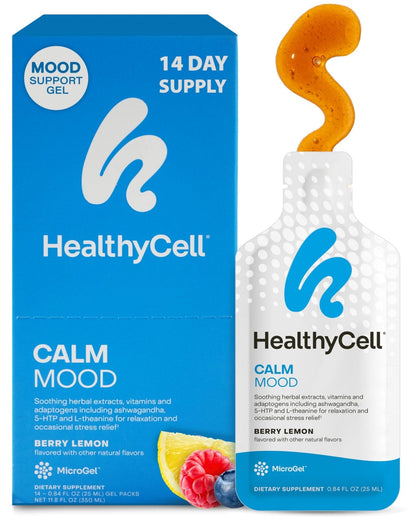 Healthycell Calm Mood Daily Liquid Supplement - Cortisol Manager & Mood Support Supplement for Stress with Ashwagandha, L-Theanine, Magnesium, 5-HTP, GABA & Saffron - 14 Gel Packs - Maple Wellness Supplements
